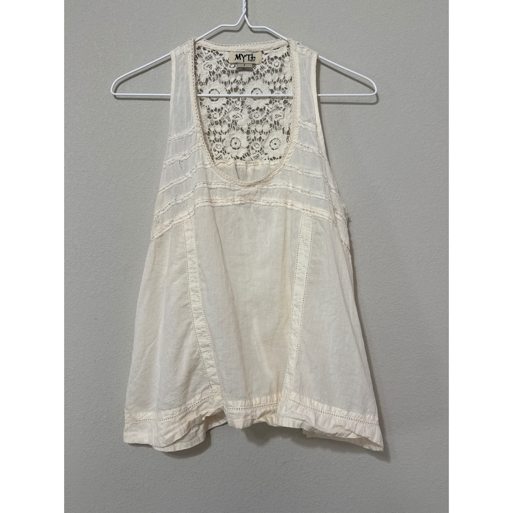 Myth NYC Crochet Lace Tank Top Women Large Ivory Cotton Boho Pintuck Scoop Neck